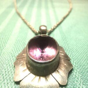 1990s Sterling Silver 925 Purple Stone Sunburst Floral Pendant Necklace 20.5" 8g